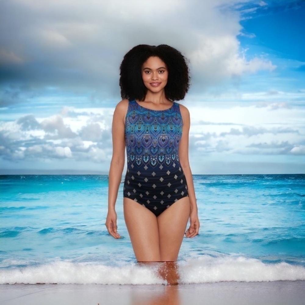 Vintage VTG Robby Len Swimfashions Swimsuit Blue Purple Pasha High Neck #7494